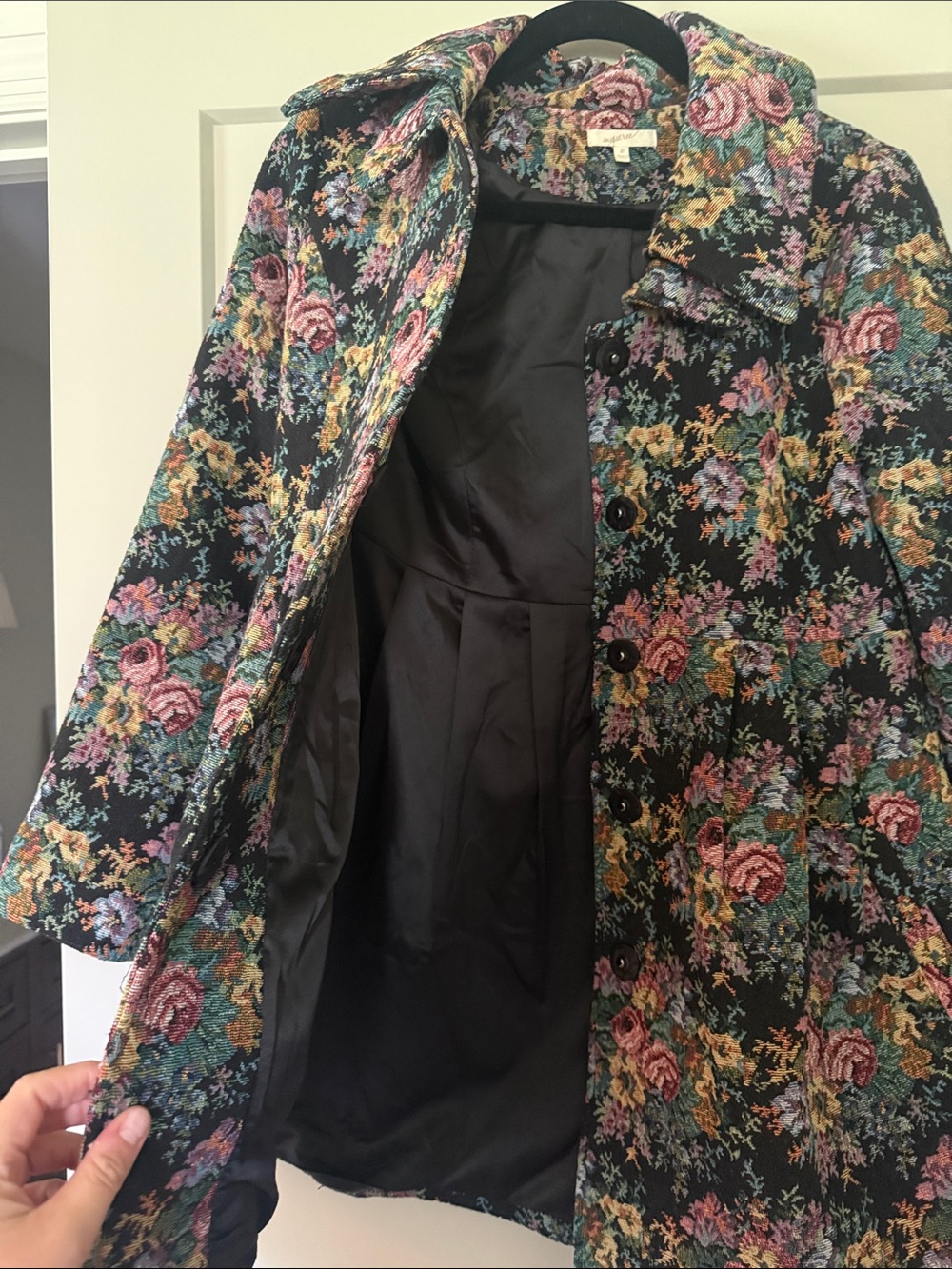 Mystree Black Quilted Trench Coat with Pink Rose Print - Picture 4 of 4